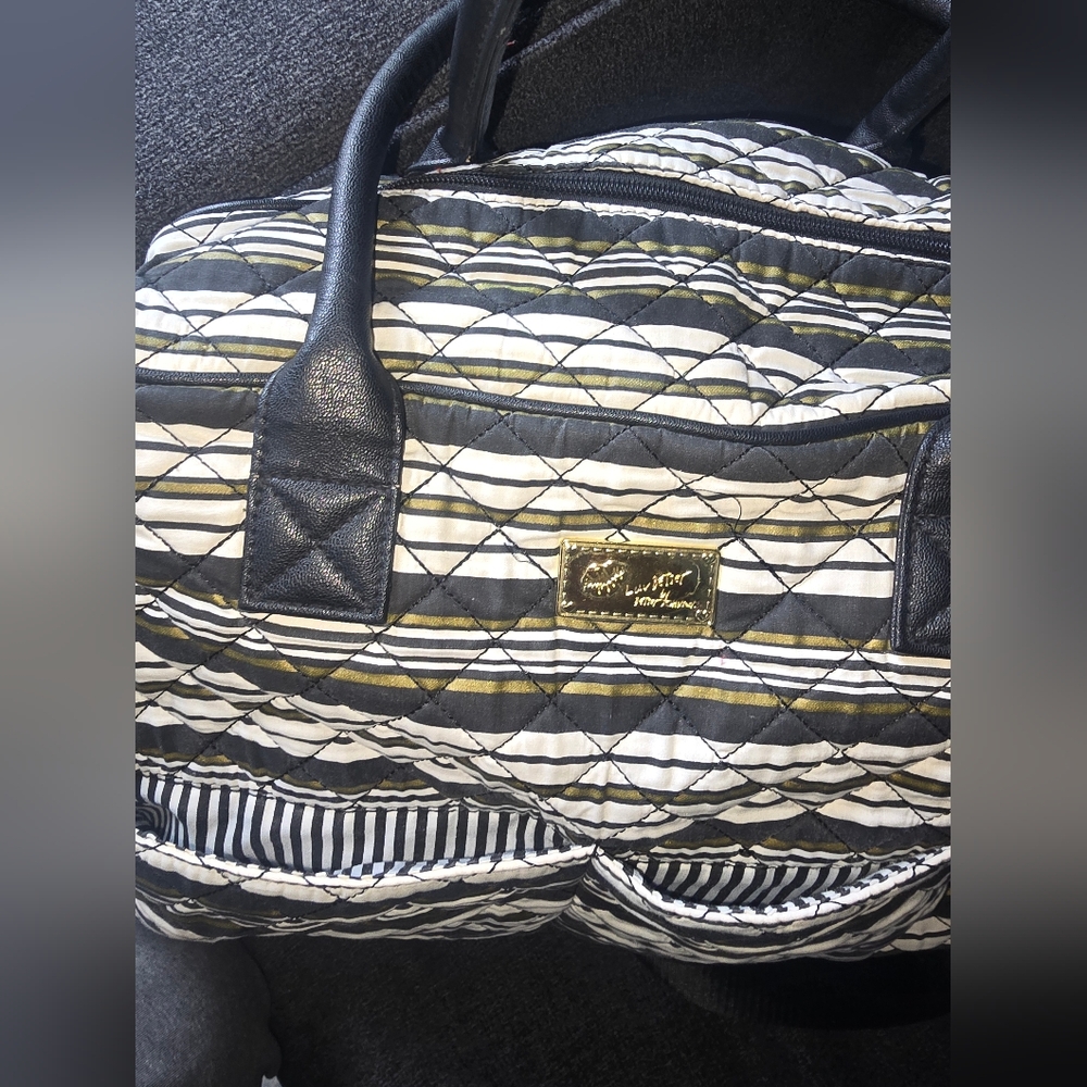 Betsey Johnson Black, Off White, Gold Striped Large Quilted Weekender Tote